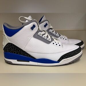 Jordan 3 Retro Sneakers, Size 15, White, Blue & Black
